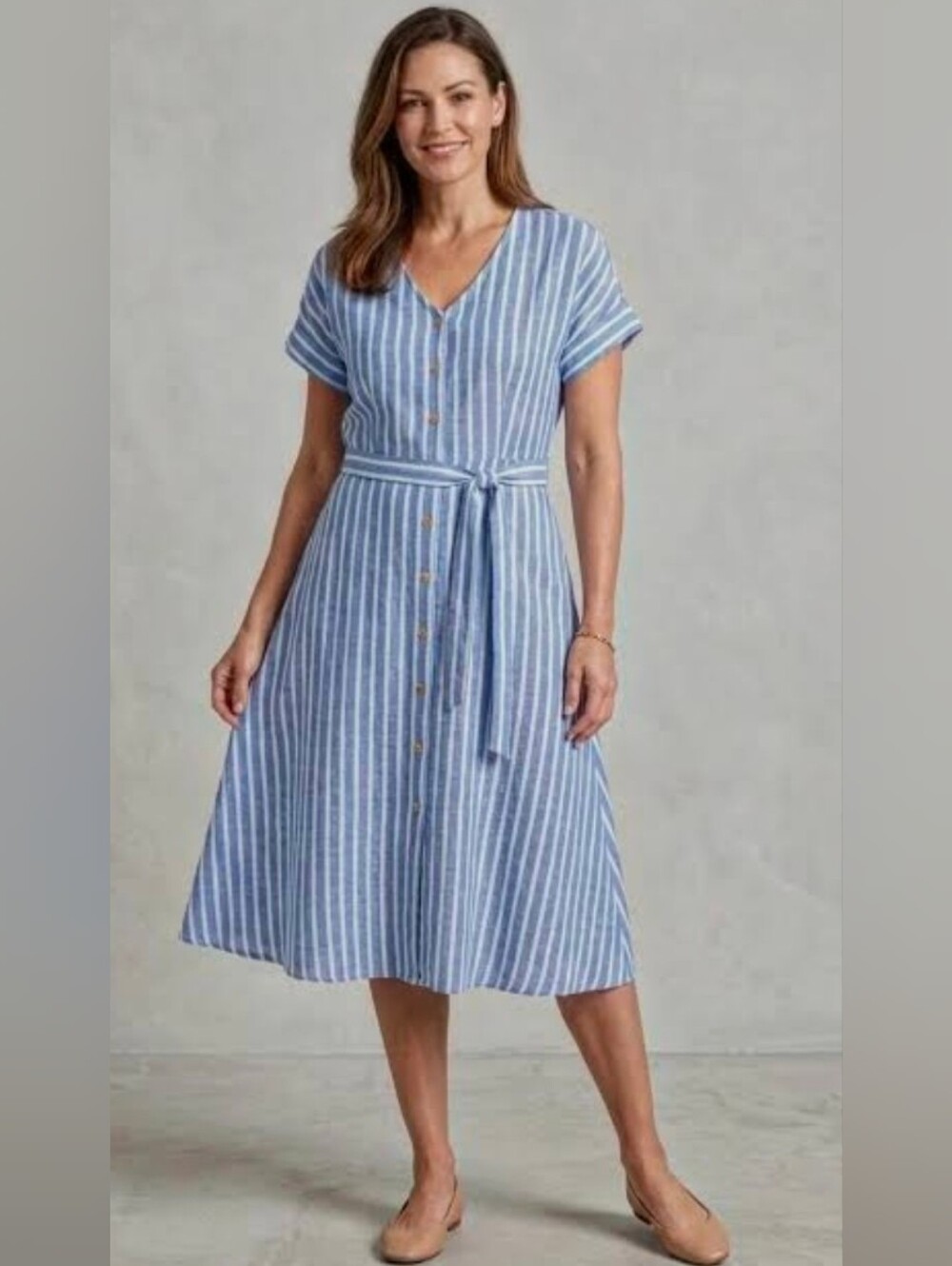 Chaps Linen Blue Striped Belted V-Neck Midi Dress